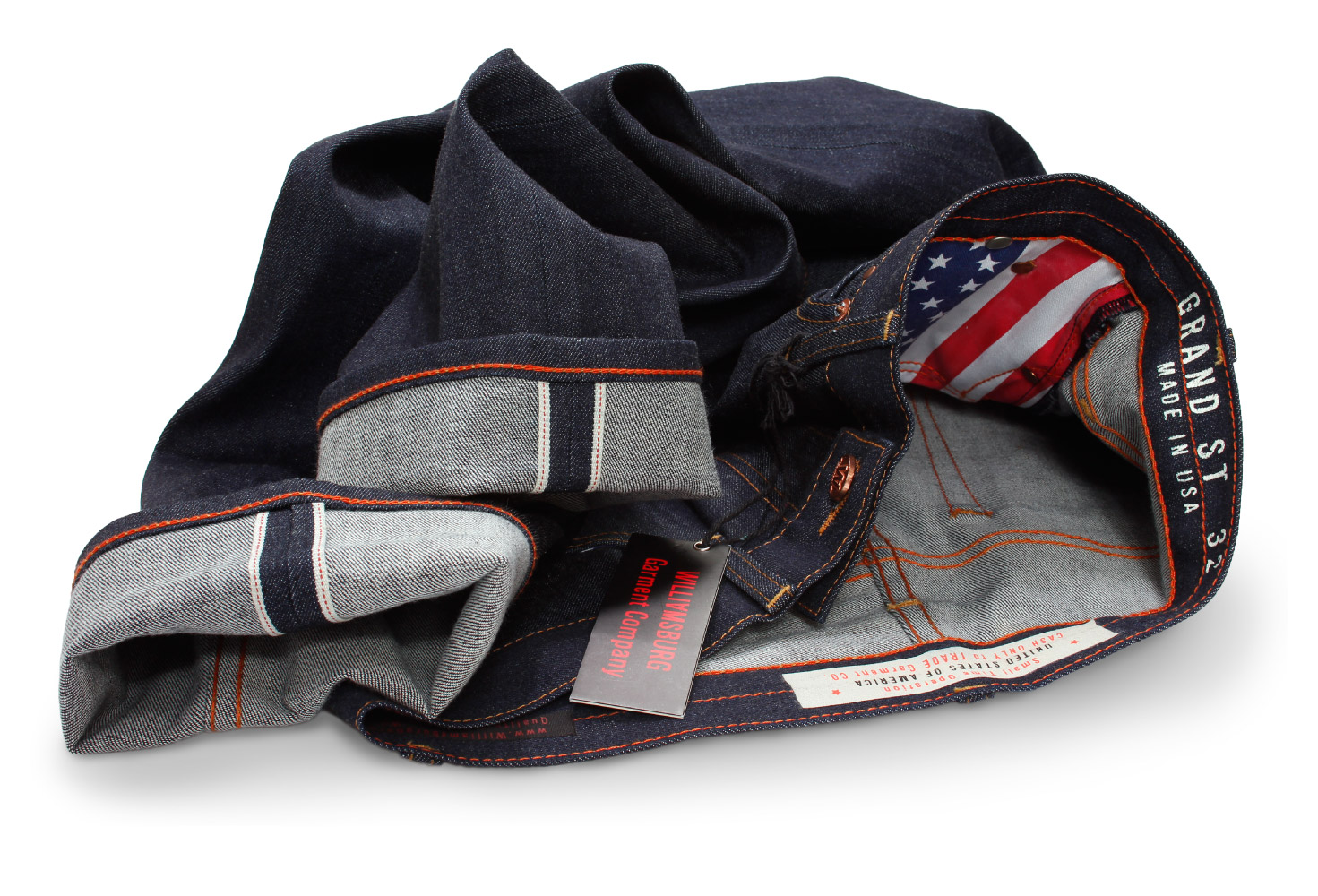 Williamsburg American-made selvedge raw denim jeans with flag pocket bags