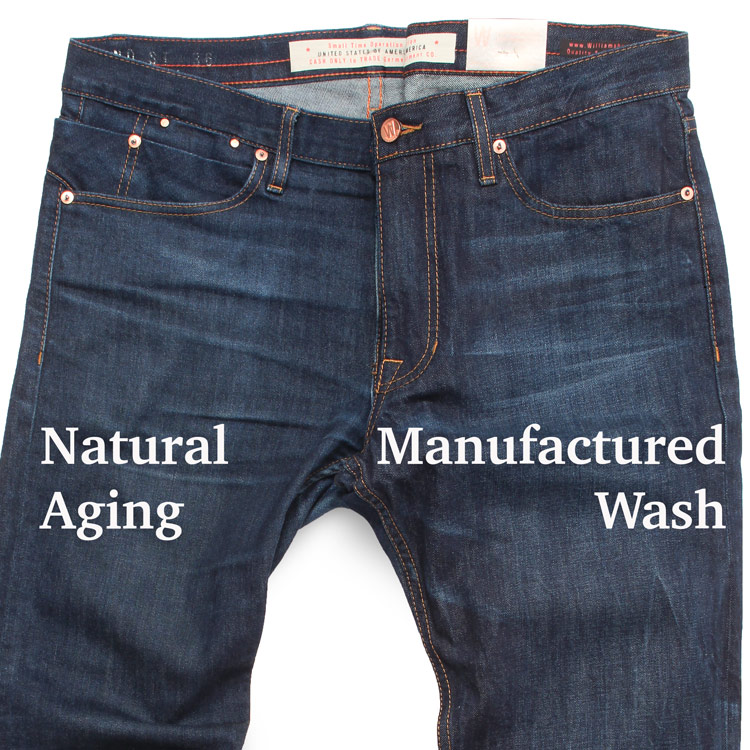 Faded jeans natural aging vs. factory manufactured wash