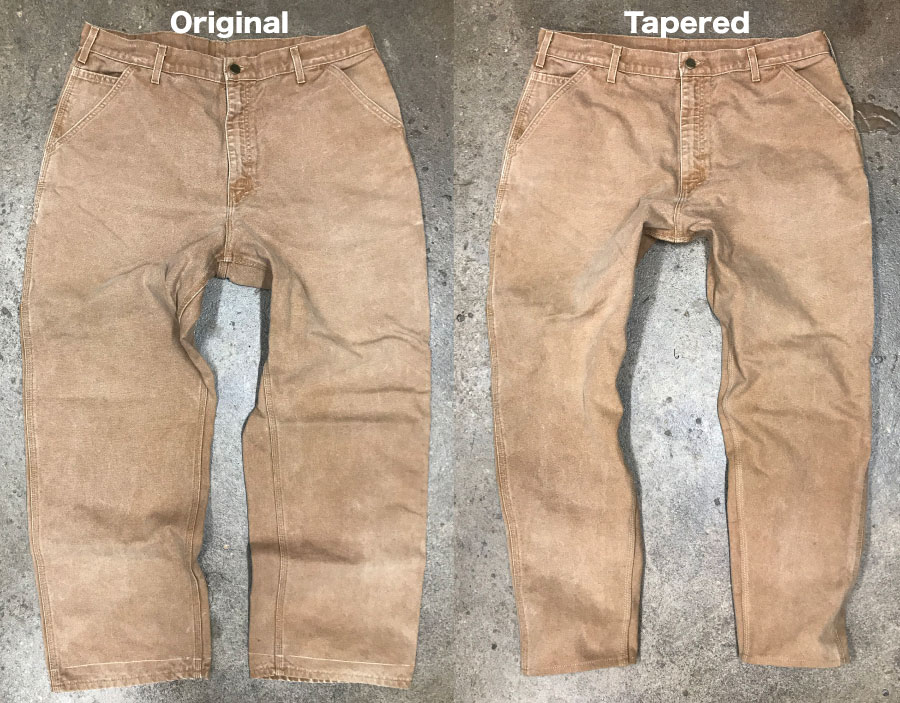 3-needle chain stitched tapering of Carhartt work pants before and after photos