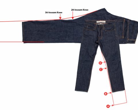 Guide showing the key hemming and tapering points in jeans