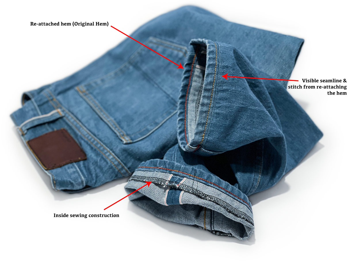 Photo explains what is an original hem alteration on jeans