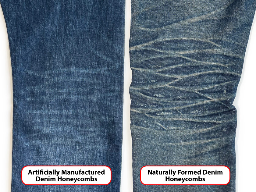 On the left, artificially manufactured denim honeycombs are compared to naturally formed denim honeycombs on the right.