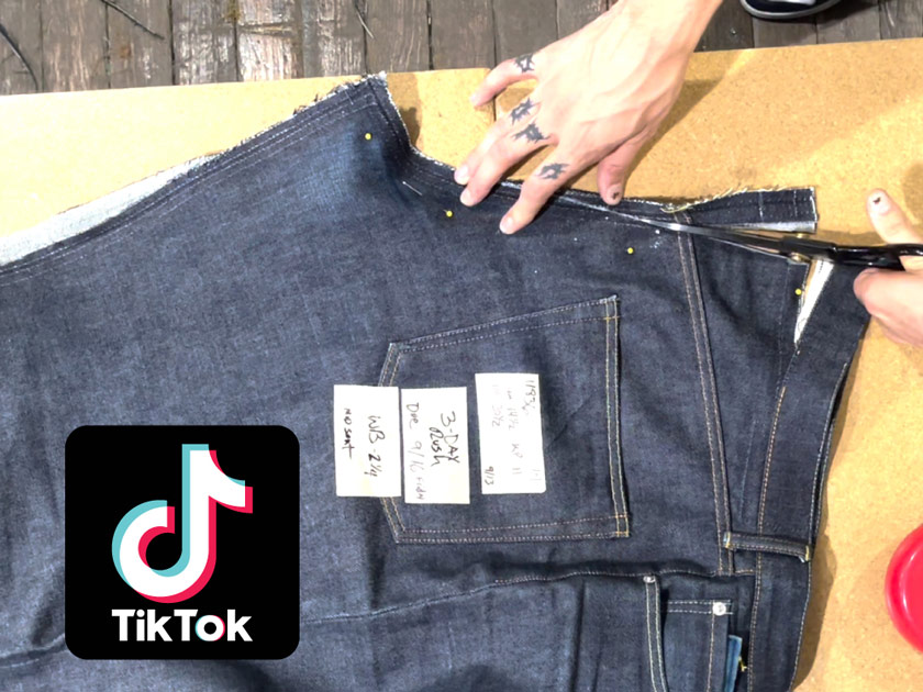 Cover image for TikTok video demonstrating how we expertly taper and take in the waist of jeans for the perfect fit.