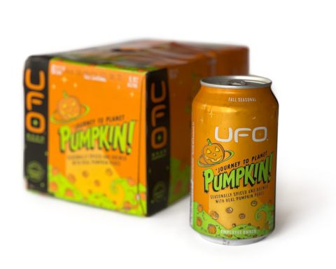 UFO Pumpkin Hefeweizen beer 12-oz. can and 6-pack box