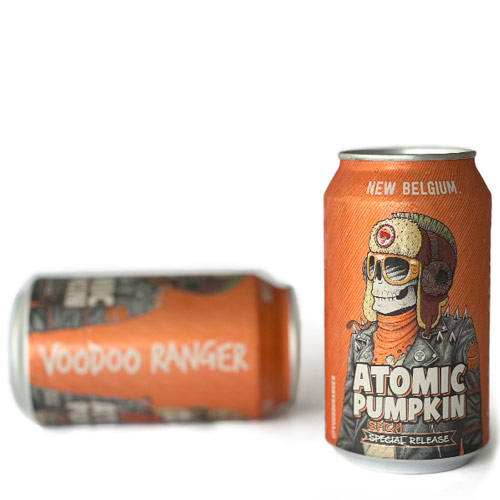 Two cans of New Belgium's Voodoo Ranger Atomic Pumpkin Ale beer
