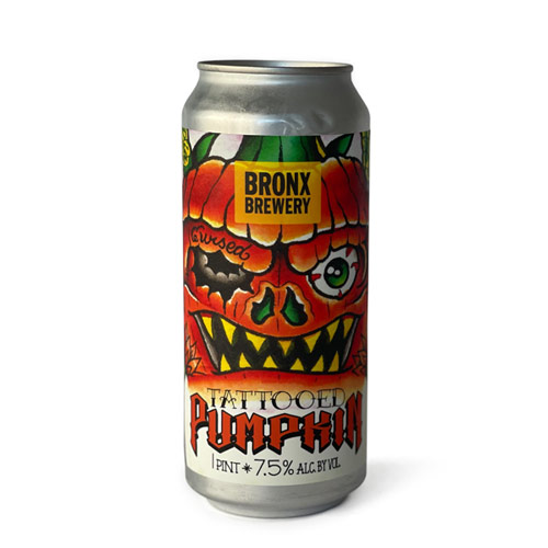 A 1-pint can of Bronx Brewery Tattooed Pumpkin IPA beer with tattoo artwork