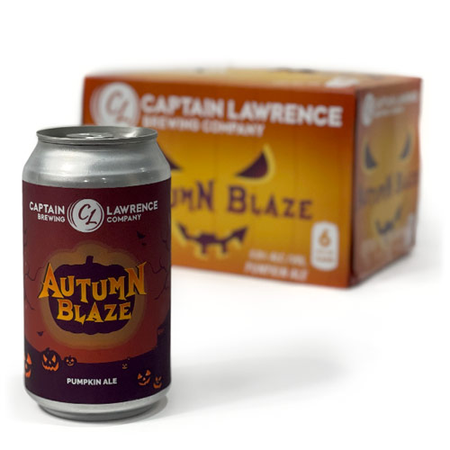 Captain Lawrence Autumn Blaze pumpkin beer in 12 ounce can and six-pack box.