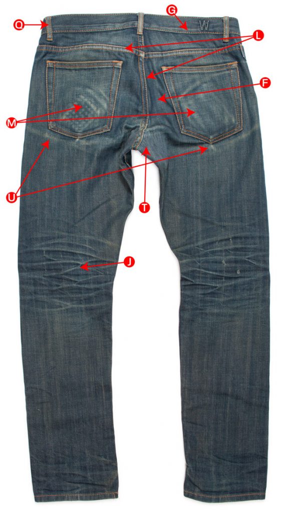 The backside of naturally aged raw denim jeans, with industry denim wash and fading terminology, highlighted to explain why jeans fade in different places.