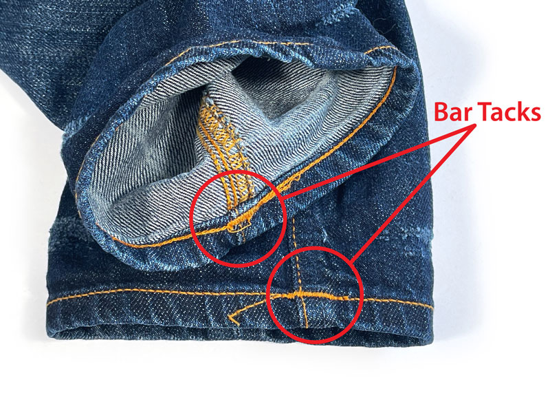"What is a bar tack?" pointed out on Nudie jeans with bar-tacked chain-stitched hem.