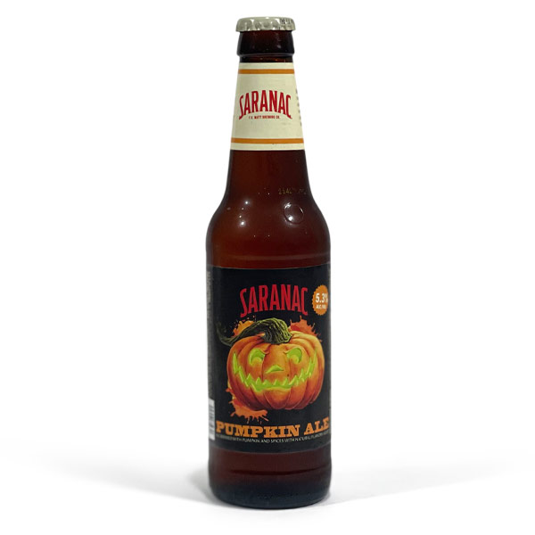 12-oz. bottle of Saranac Pumpkin Ale on a white background to review the best-tasting pumpkin beers.