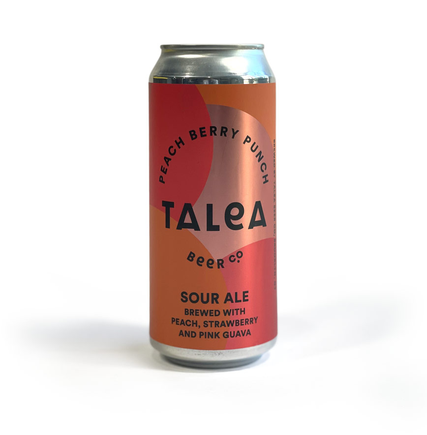 Peach Berry Punch Sour Ale in a tall 16-ounce can, brewed by Talea Beer Co., for a taste review in the blog Denim Beer Machines and Coffee.