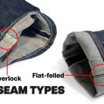 Overlock and flat-felled seam types by highlighting the hem of a pair of jeans sewed with an overlocked inseam on the left and a flat-felled seam on the right.