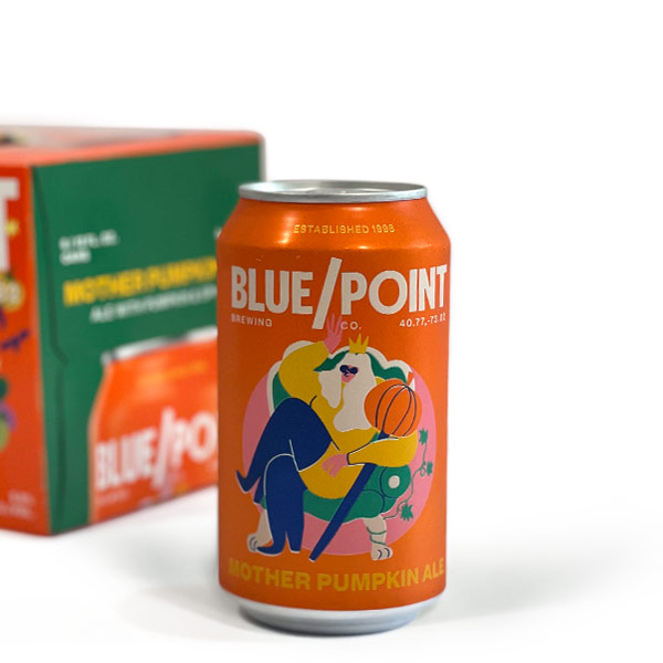 Blue Point Mother Pumpkin Ale is reviewed in an image of a 12-ounce can with a 6-pack box in the backdrop for the Denim Beer Machines and Coffee blog, which finds it has a mild yet distinctly bitter character that separates it from the sugary-sweet pumpkin beers.