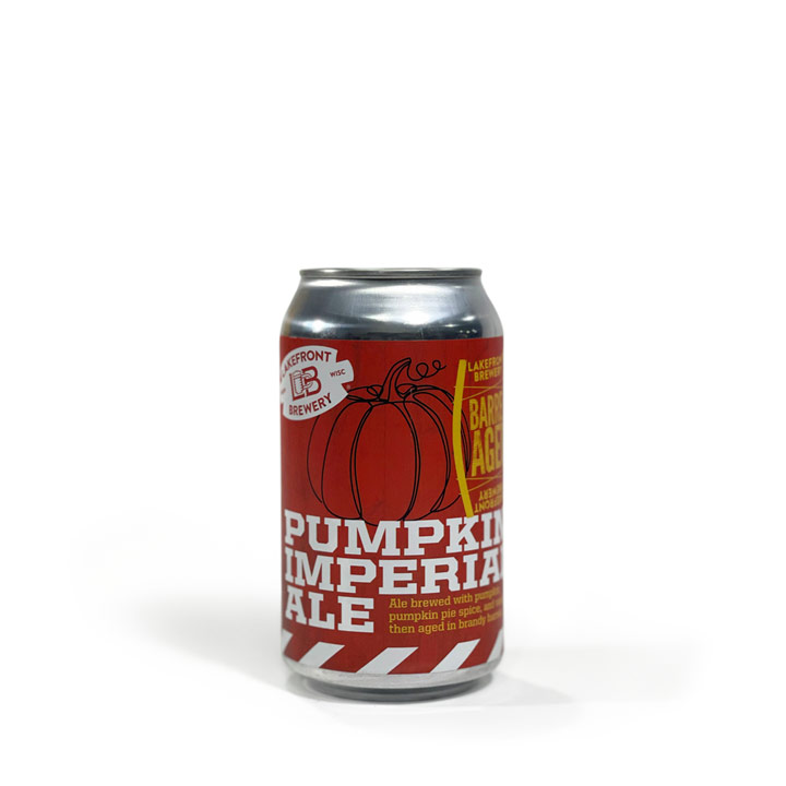 Lakefront Brewery's Imperial Pumpkin Ale, a brandy barrel-aged pumpkin beer in a 12-ounce can.