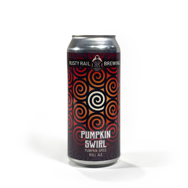 Rusty Rail Brewing Company’s Pumpkin Swirl Ale is a sweet pumpkin roll dessert in beer. This photo displays the pumpkin beer in a 16-ounce can against a white background.