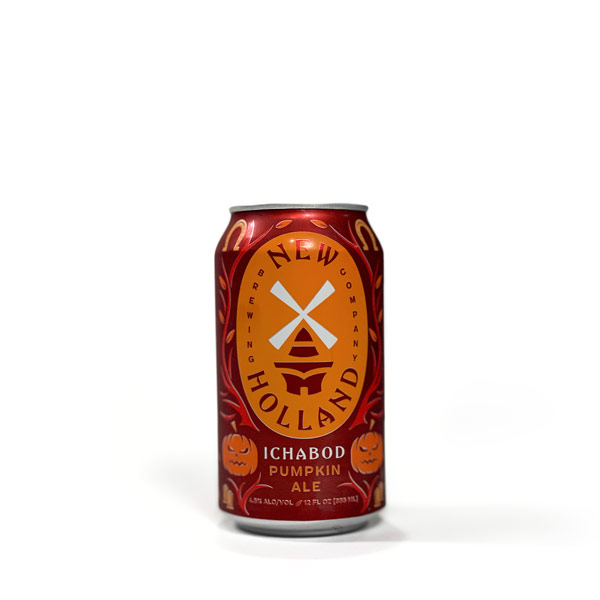 A 12-ounce can of New Holland's Ichabod Pumpkin Ale, featured in Denim BMC's best pumpkin beers review. The can sports a vibrant red and orange design with pumpkin and autumn leaf motifs, set against a white background.