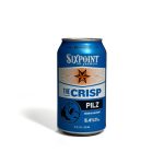 The Crisp Pilz, in a 12-ounce can from Sixpoint Brewery, stands out against a blue backdrop. The can features the Sixpoint Brewery logo at the top, followed by "The Crisp" in large blue letters and "Pilz" in smaller white letters inside a black boxed background.