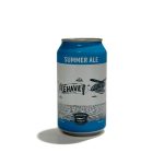 A 12 ounce can of Greenport Harbor Brewing Beehave Summer Ale with a blue and white design on a white background.