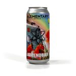 A can of Reizendbier by Alementary Brewing Company with a colorful design featuring a vintage van, poppies, and a rainbow on a white background.