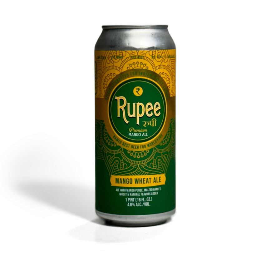A can of Rupee Mango Wheat Ale with a green and gold design on a white background.