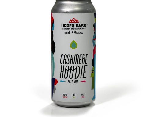 A 16 oz can of Cashmere Hoodie Pale Ale by Upper Pass Beer Company, featuring colorful, abstract artwork on a white background for review on the beer blog, Denim BMC.