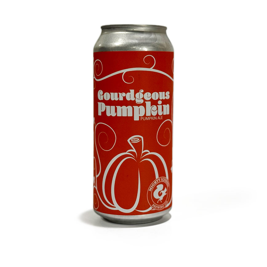 The product is a 16-ounce can of Gourdgeous Pumpkin Ale by Mighty Squirrel Brewing Co., which features orange packaging with white pumpkin illustrations against a white background.