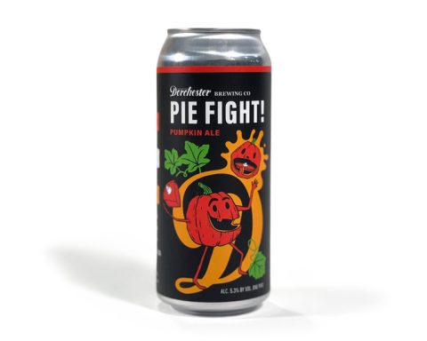 16 oz can of Dorchester Brewing Company’s Pie Fight! Pumpkin Ale on a white background, featuring vibrant and playful artwork with cartoon pumpkin and pie illustrations.