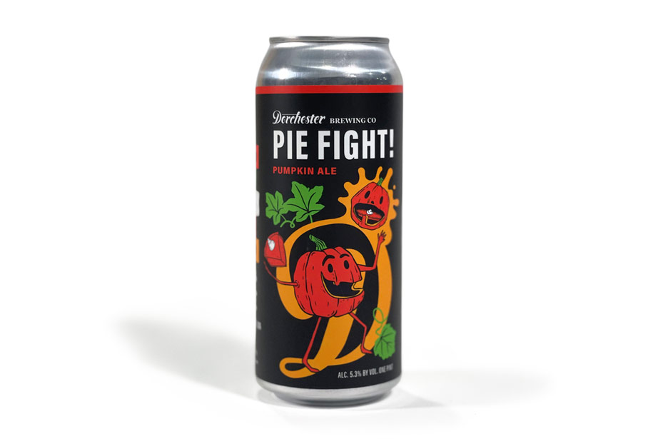 16 oz can of Dorchester Brewing Company’s Pie Fight! Pumpkin Ale on a white background, featuring vibrant and playful artwork with cartoon pumpkin and pie illustrations.