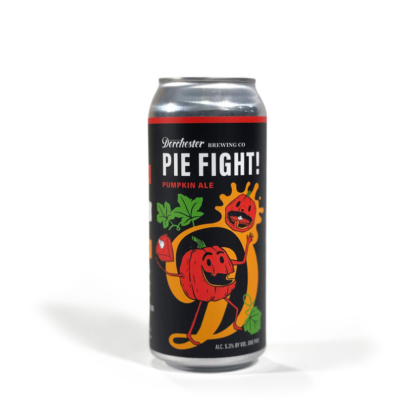 16 oz can of Dorchester Brewing Company’s Pie Fight! Pumpkin Ale on a white background, featuring vibrant and playful artwork with cartoon pumpkin and pie illustrations.