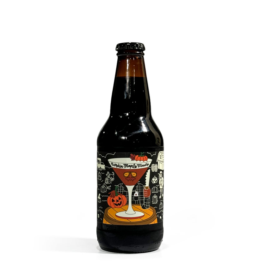 Bottle of Prairie Artisan Ales' Pumpkin Maple Marty Imperial Stout standing on a white background, showcasing its intricate Halloween-themed label with pumpkin and spooky decorations.