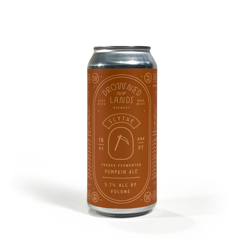 A 16 oz can of Scythe Pumpkin Ale by The Drowned Lands Brewery. The can is earthy orange with minimalist line art and text, describing it as a 5.7% ABV Foeder Fermented Pumpkin Ale brewed in Warwick, NY.