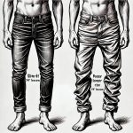 Black-and-white illustration comparing slim-fit and baggy jeans, highlighting differences in inseam fit and rise.