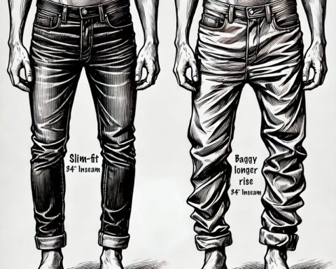 Black-and-white illustration comparing slim-fit and baggy jeans, highlighting differences in inseam fit and rise.