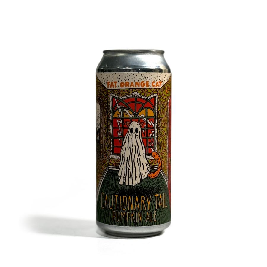 16-ounce can of Fat Orange Cat's Cautionary Tail Pumpkin Ale featuring artistic autumn-themed label design.