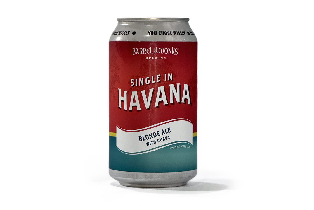 Can of Barrel of Monks Single in Havana Blonde Ale with Guava, red and teal label, on white background.