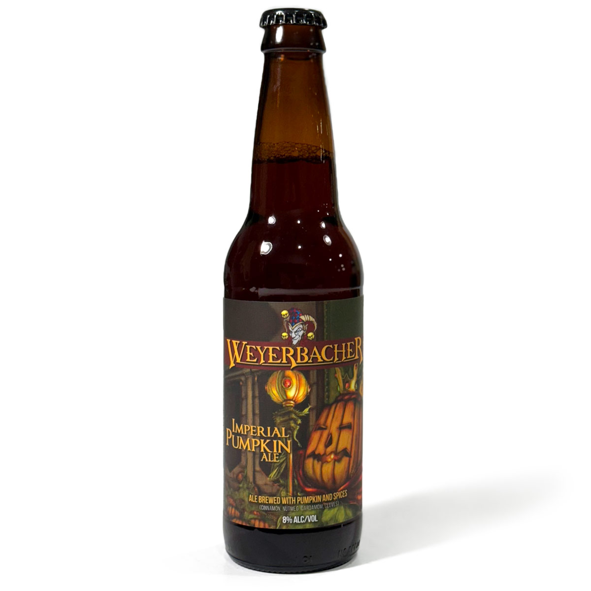 Bottle of Weyerbacher Imperial Pumpkin Ale showcasing label artwork, photographed on a white background.