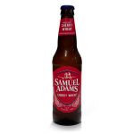 Bottle of Sam Adams Cherry Wheat beer standing on a white background for review.