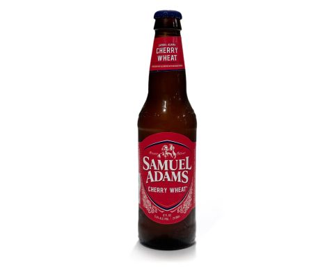 Bottle of Sam Adams Cherry Wheat beer standing on a white background for review.