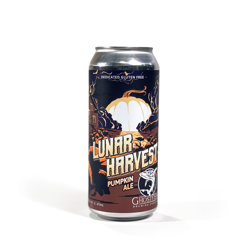 Photo of a 16oz can of Ghostfish Brewing’s gluten-free Lunar Harvest Pumpkin Ale