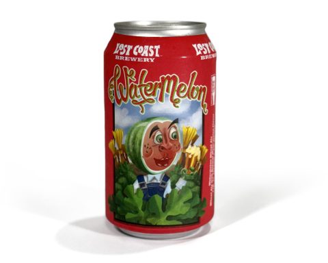 A can of Lost Coast Watermelon Wheat Ale with colorful cartoon label on white background