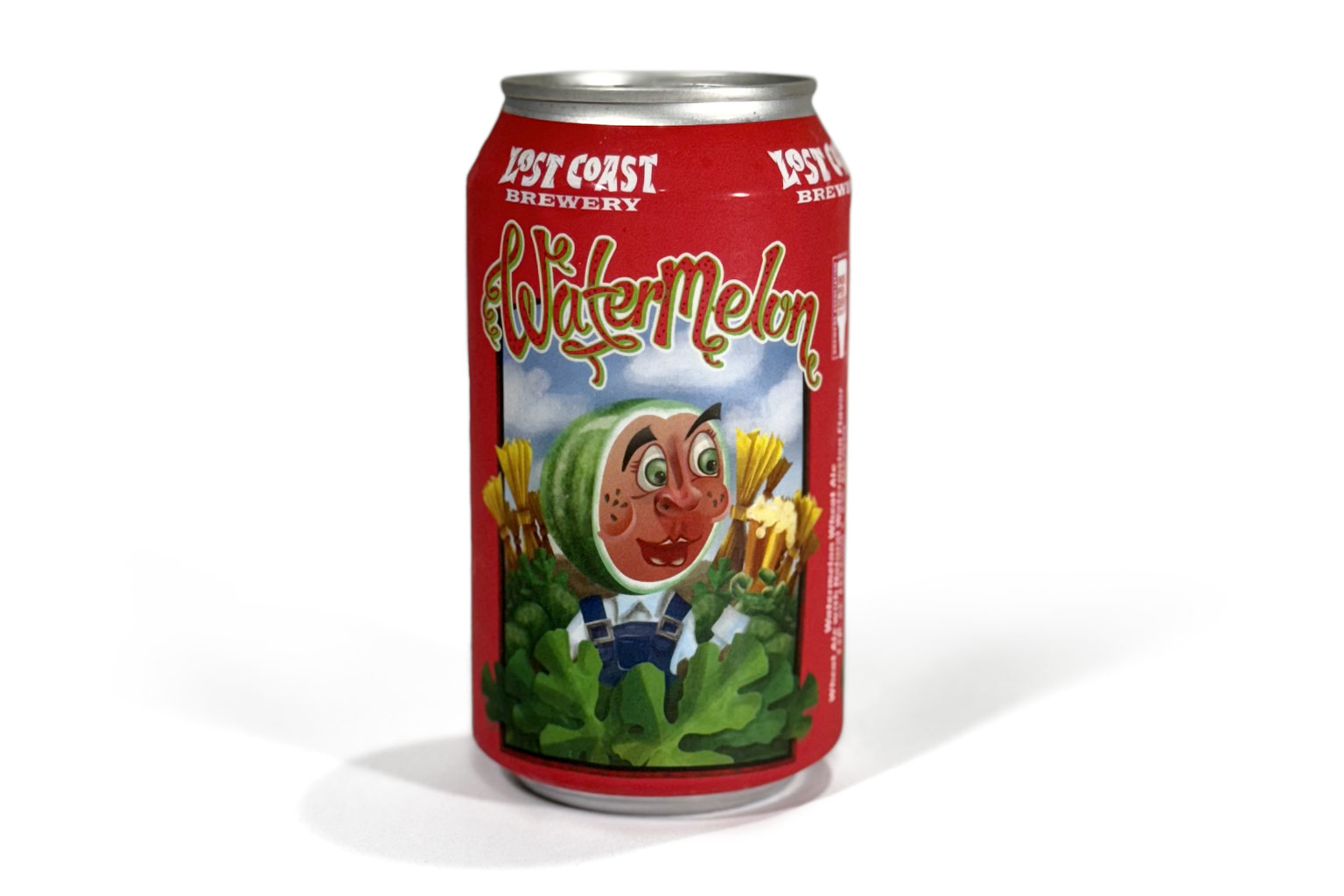 A can of Lost Coast Watermelon Wheat Ale with colorful cartoon label on white background