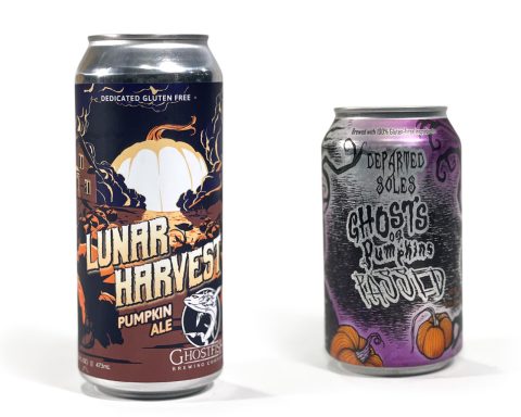 Side-by-side image of Ghostfish Lunar Harvest Pumpkin Ale and Departed Soles Ghosts of Pumpkins Passed gluten-free pumpkin beers.