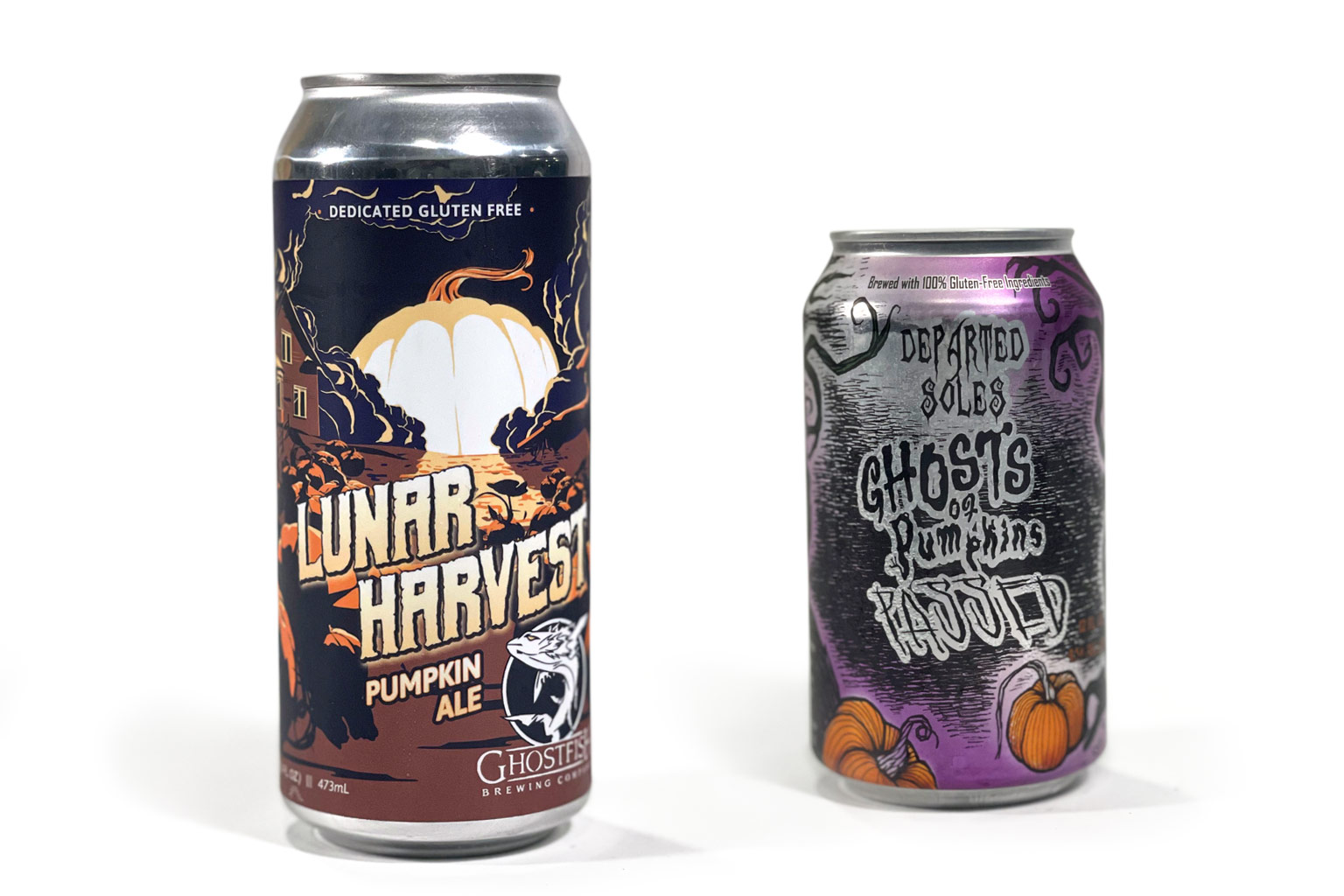 Side-by-side image of Ghostfish Lunar Harvest Pumpkin Ale and Departed Soles Ghosts of Pumpkins Passed gluten-free pumpkin beers.