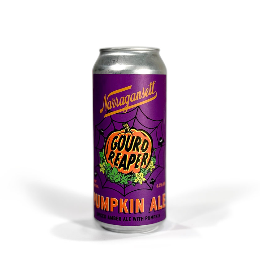 Narragansett Gourd Reaper Pumpkin Ale 16 oz can with purple label and pumpkin artwork for Denimbmc.com beer review.
