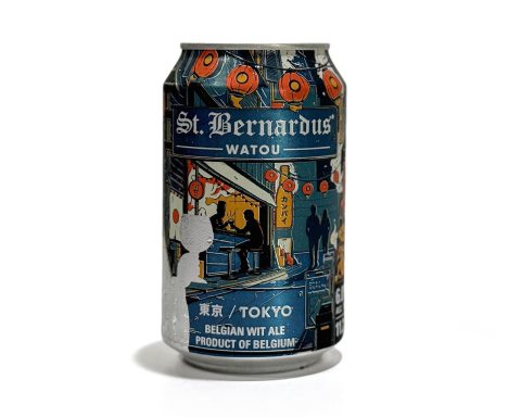 Can of St. Bernardus Watou Tokyo Belgian Wit Ale with Japanese-inspired artwork depicting nightlife in Tokyo.