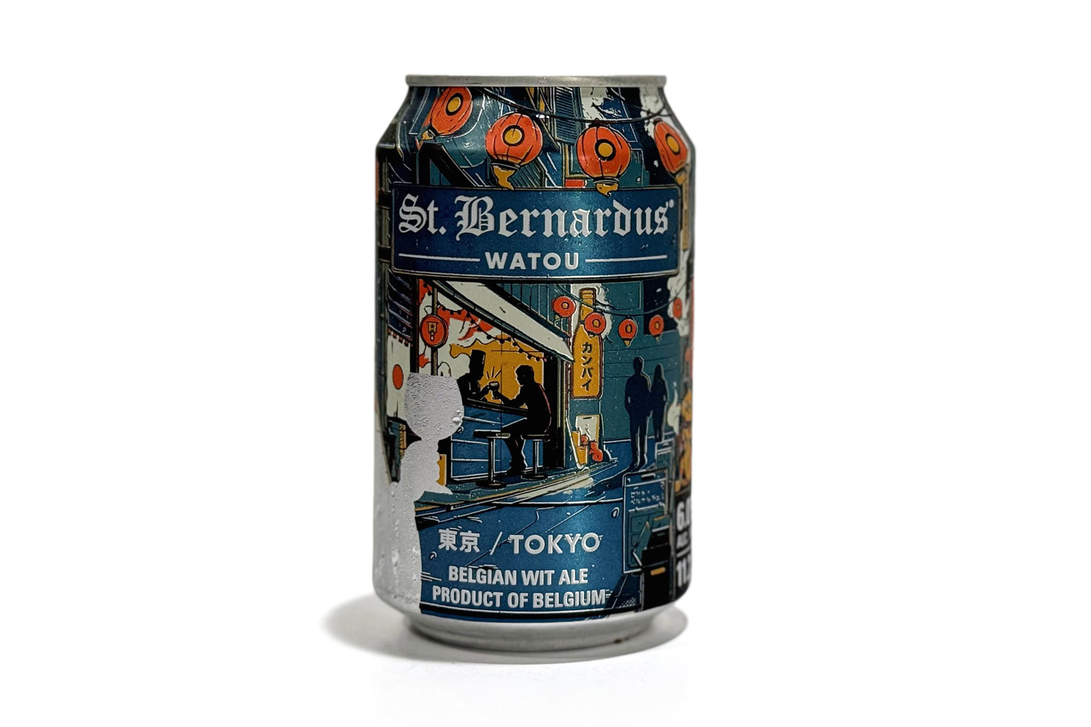 Can of St. Bernardus Watou Tokyo Belgian Wit Ale with Japanese-inspired artwork depicting nightlife in Tokyo.