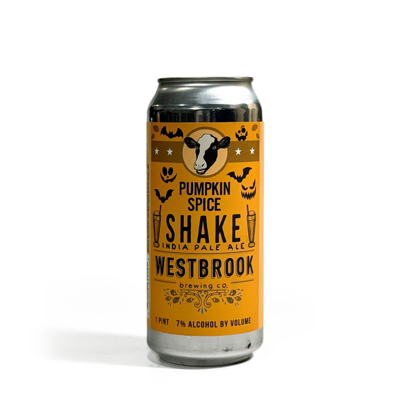 A 16 oz can of Westbrook Brewing Co.’s Pumpkin Spice Shake IPA photographed for a beer review, showcasing the can’s playful Halloween-themed label.