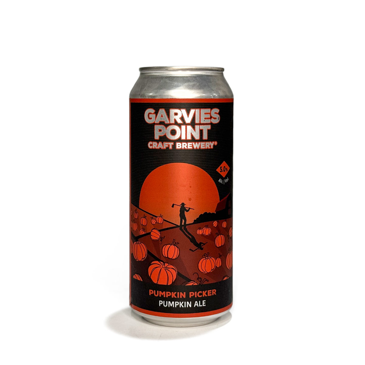 Garvies Point Pumpkin Picker Pumpkin Ale 16oz can, showing autumn-themed label with sunset and pumpkins.