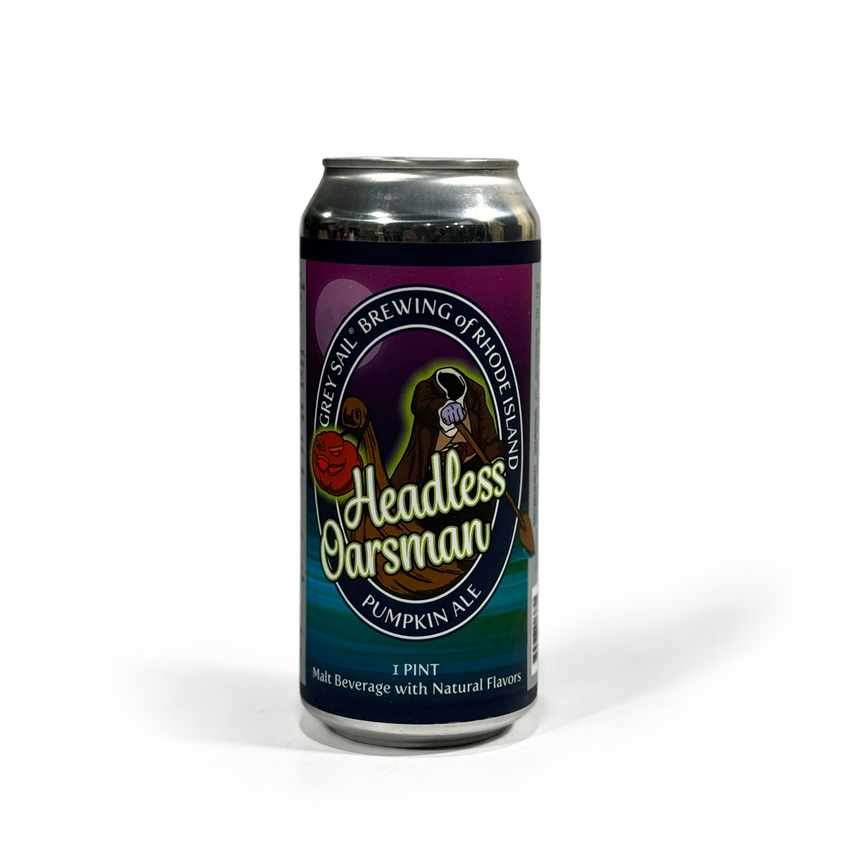 Can of Grey Sail Brewing’s Headless Oarsman Pumpkin Ale featuring a headless figure rowing with a jack-o’-lantern on a spooky, illustrated label