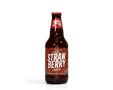 12oz bottle of Abita Strawberry Lager with a red label featuring strawberries, brewed with real Louisiana strawberries.